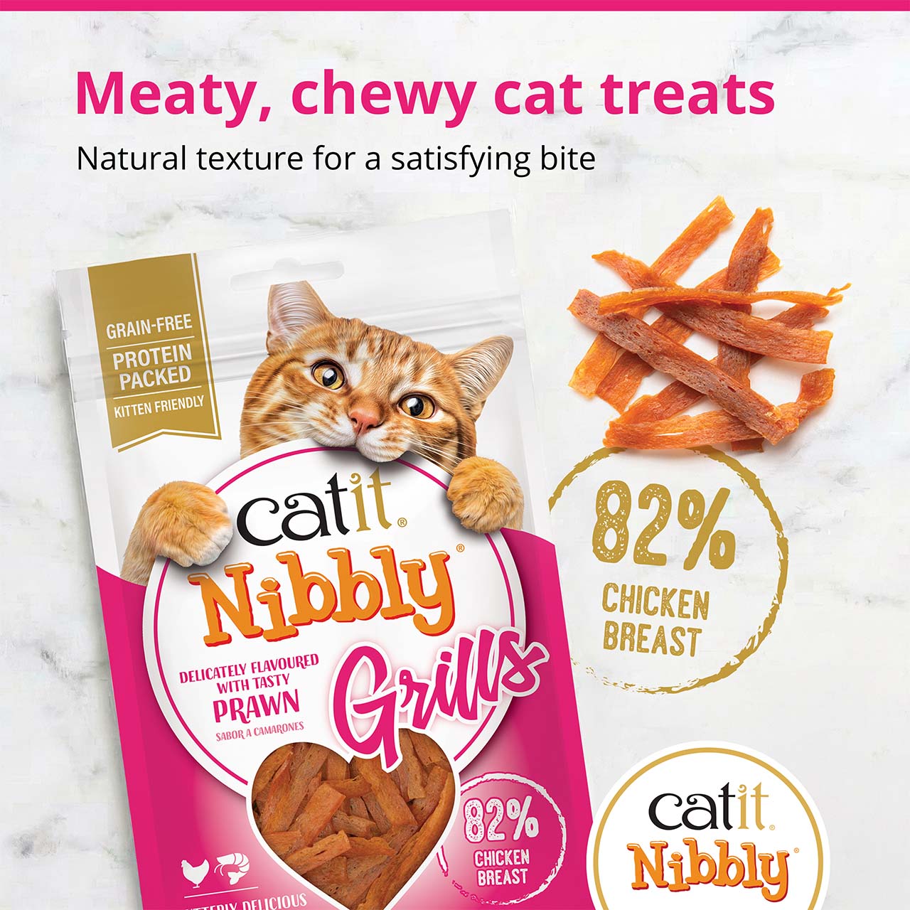 Catit Nibbly Grills prawn-flavored cat treats packaging featuring 82% chicken breast content