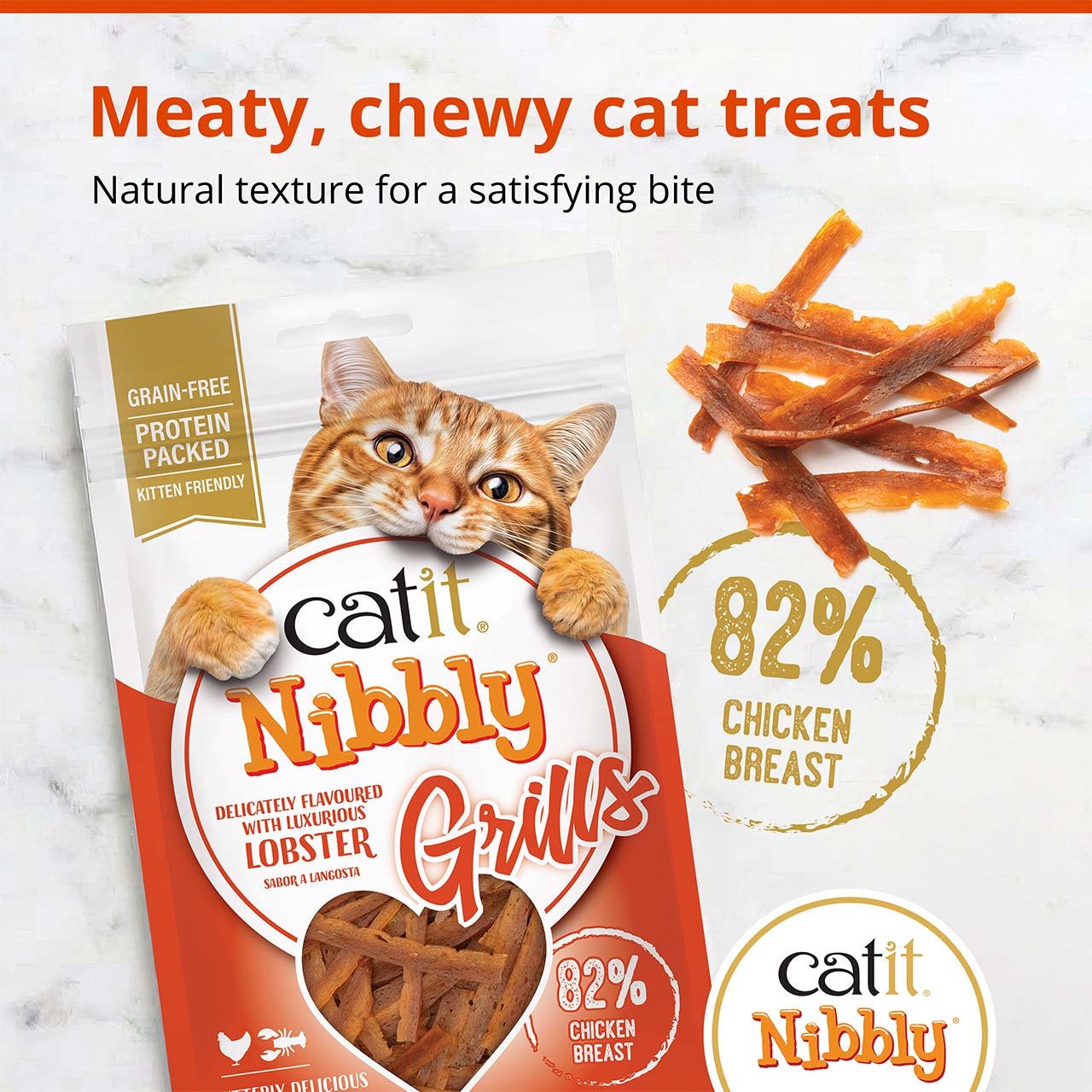 Catit Nibbly Grills cat treats, featuring 82% chicken breast and lobster flavor, in grain-free, protein-packed packaging
