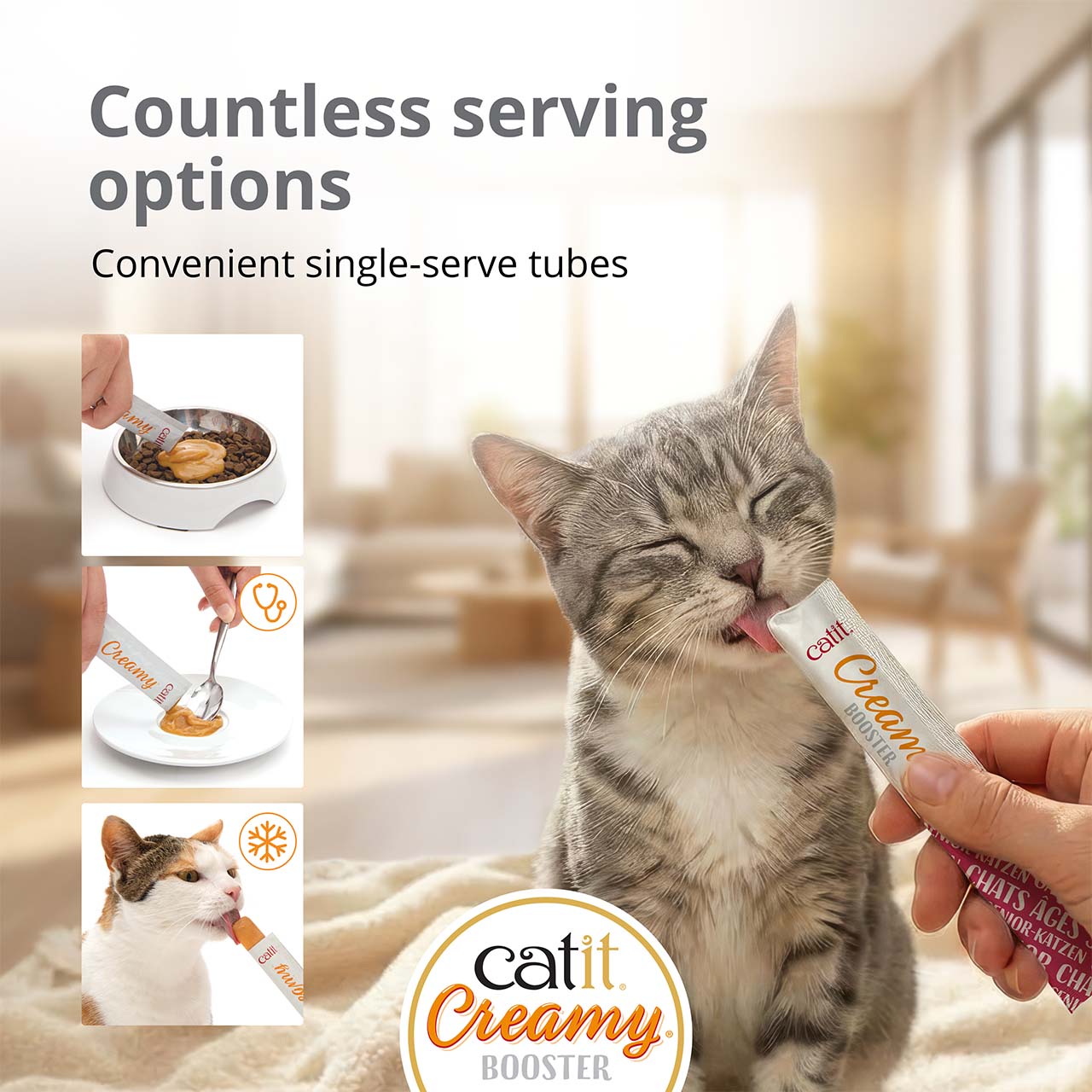 A cat enjoying a Catit Creamy Booster treat, with smaller images showing different ways to serve the product
