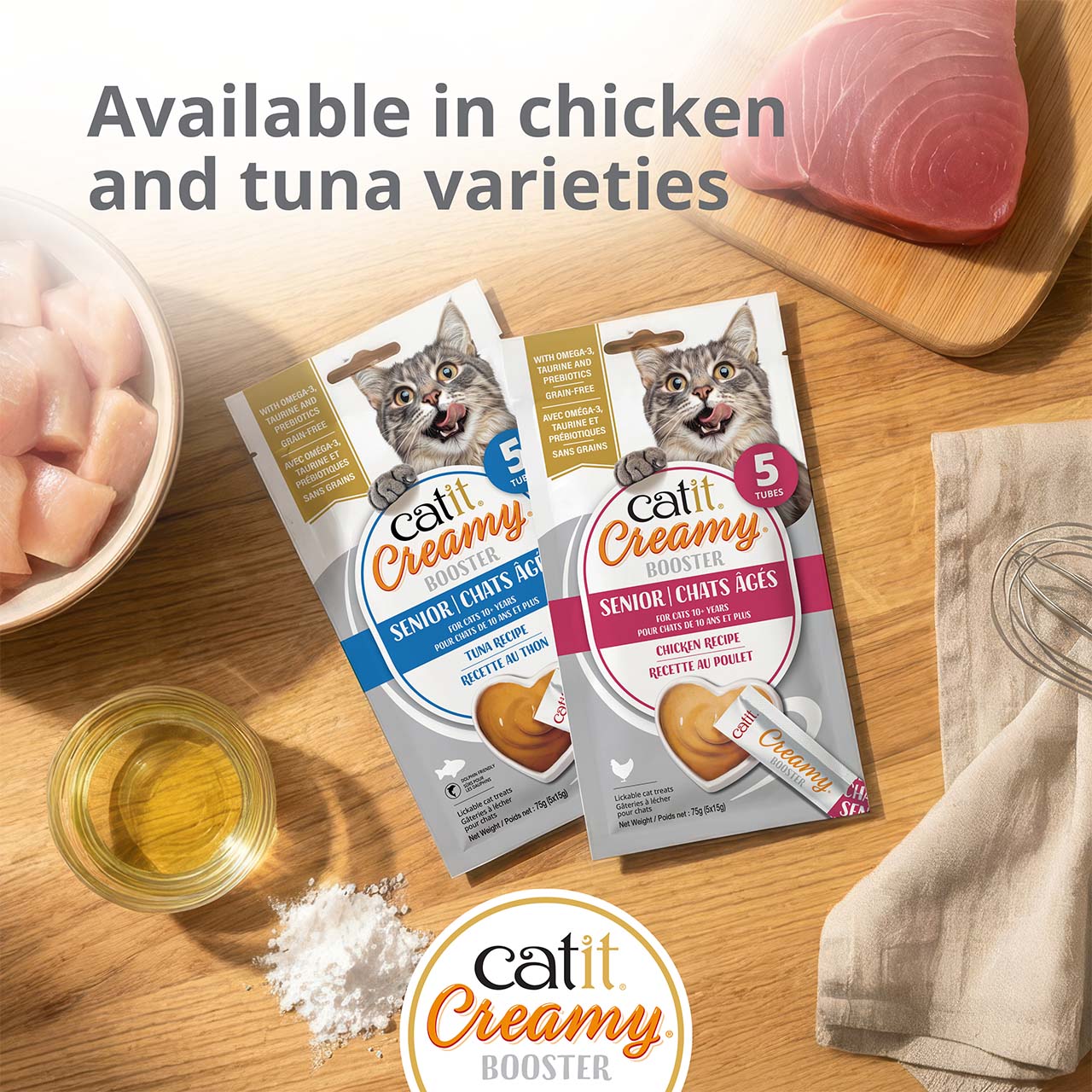 Catit Creamy Booster Senior lickable cat treats available in tuna and chicken recipes for cats 10 years and older