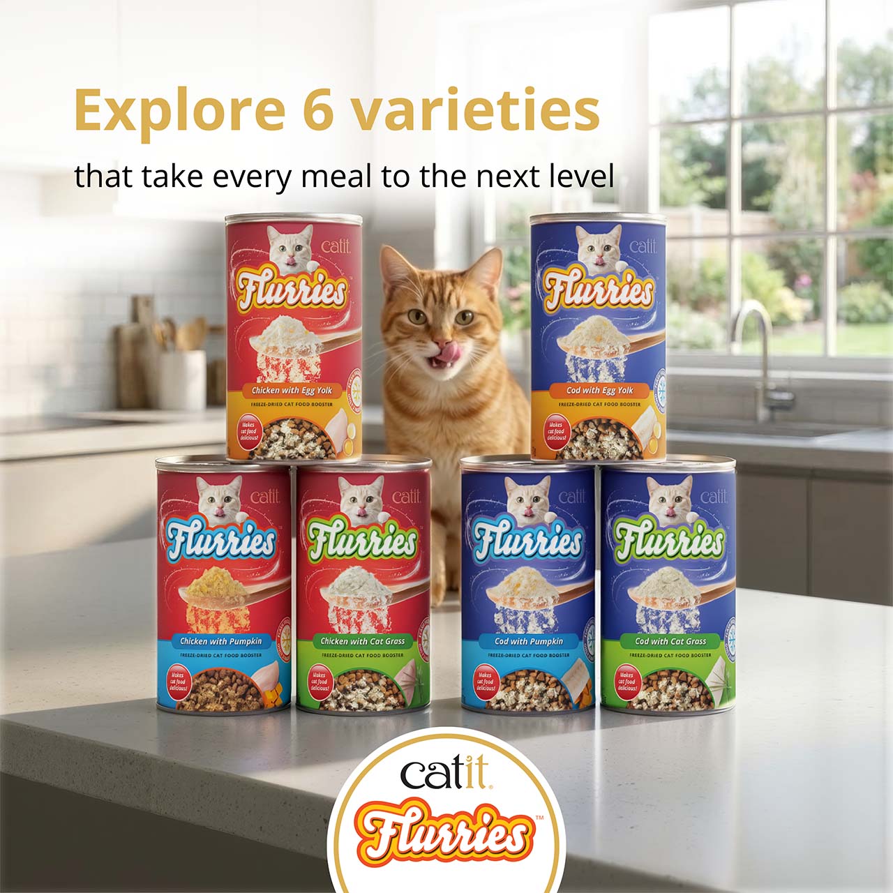 Catit Flurries freeze-dried cat food booster in six varieties displayed with a cat in a kitchen setting