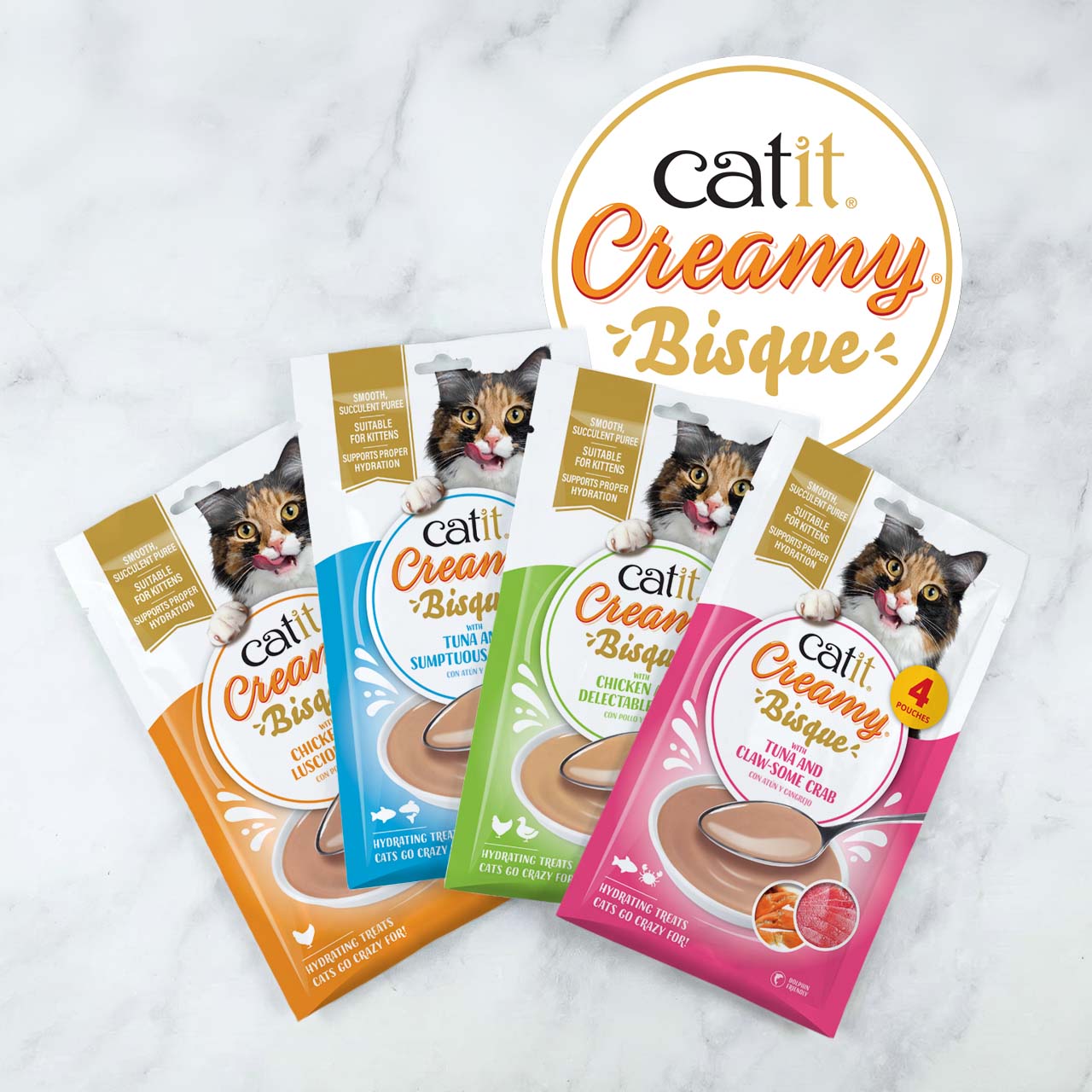 Catit Creamy Bisque cat treat pouches in four flavors: chicken, tuna, chicken and tuna, and tuna and crab