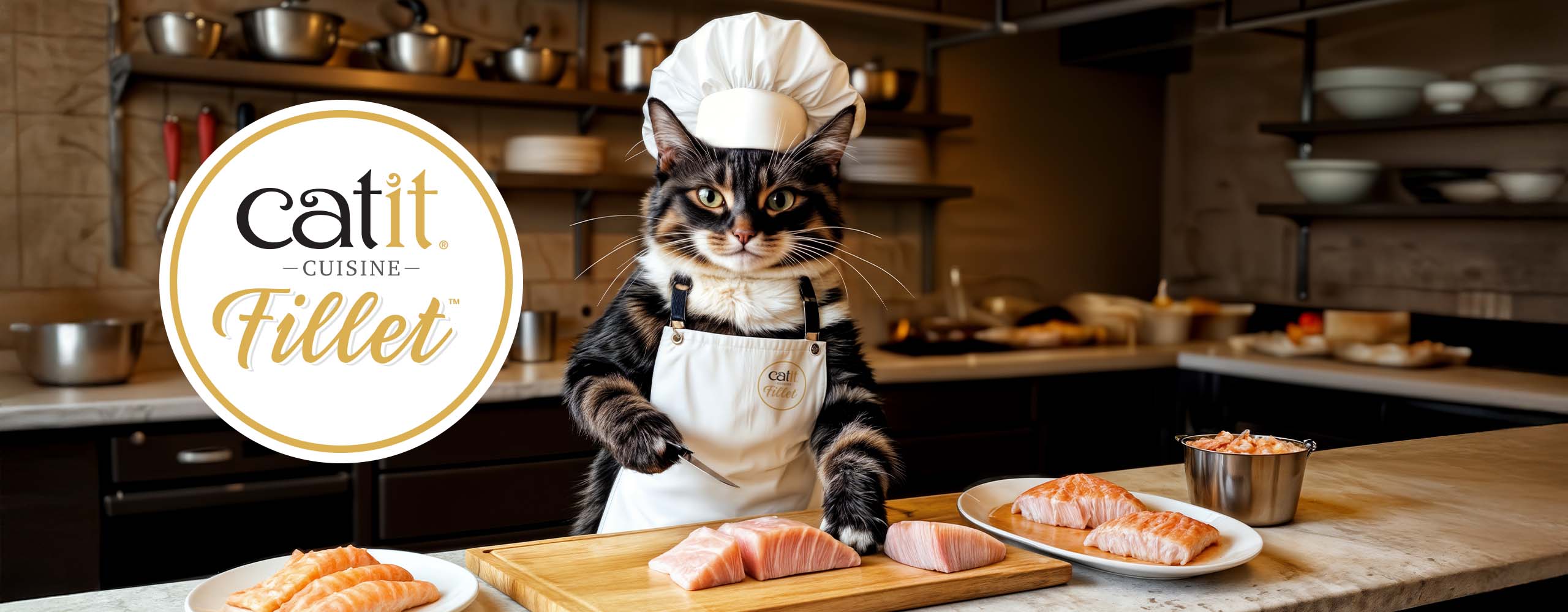 A cat wearing a chef's hat and apron prepares fish fillets on a cutting board in a kitchen for Catit Cuisine Fillet