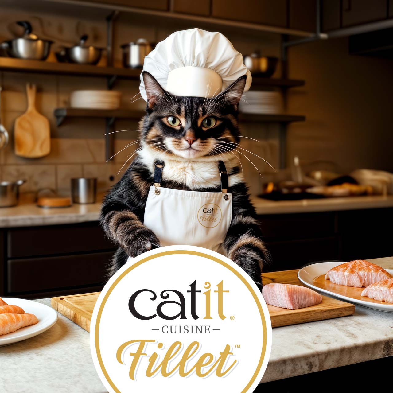 A cat wearing a chef hat and apron stands in a kitchen behind a counter with plates of fish fillets and a Catit logo