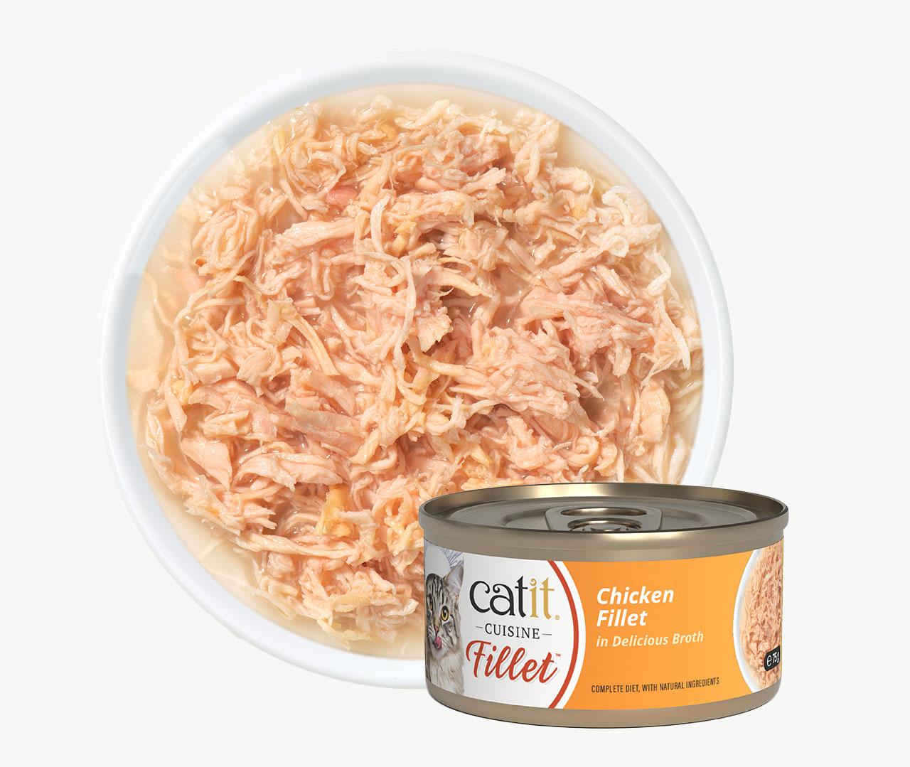 A bowl of shredded chicken in broth next to a can of Catit Cuisine Chicken Fillet cat food