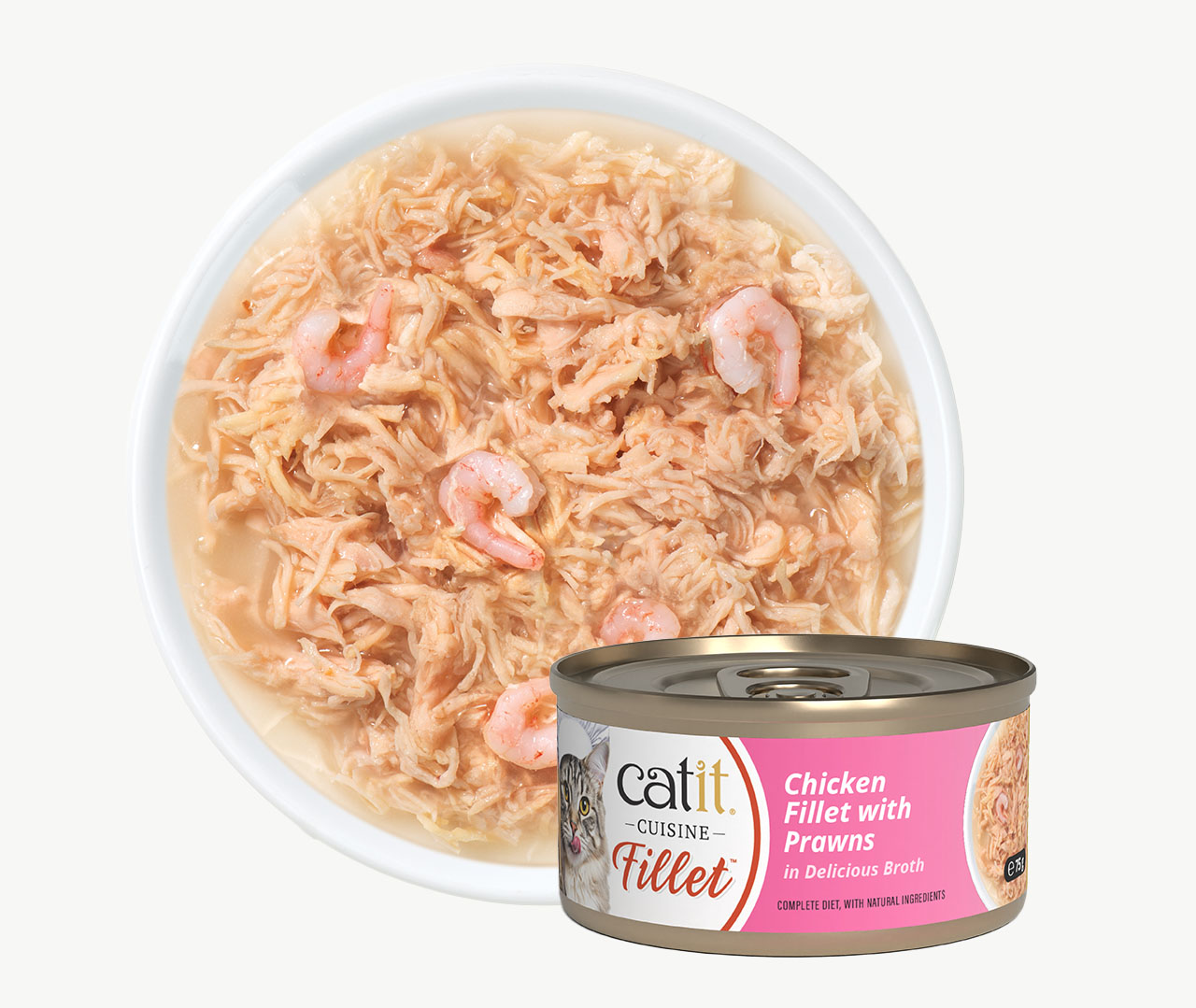 A can of Catit Cuisine Fillet cat food with chicken and prawns, shown next to a bowl of the food contents