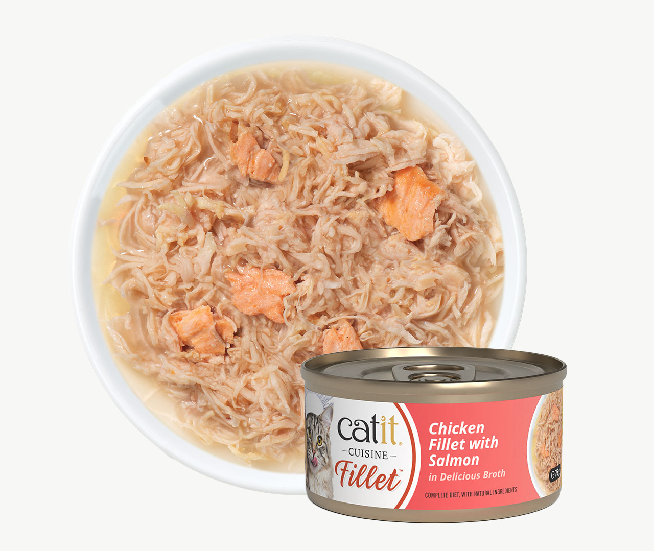 A can of Catit Cuisine Fillet cat food with chicken and salmon, shown next to a bowl containing the wet food product