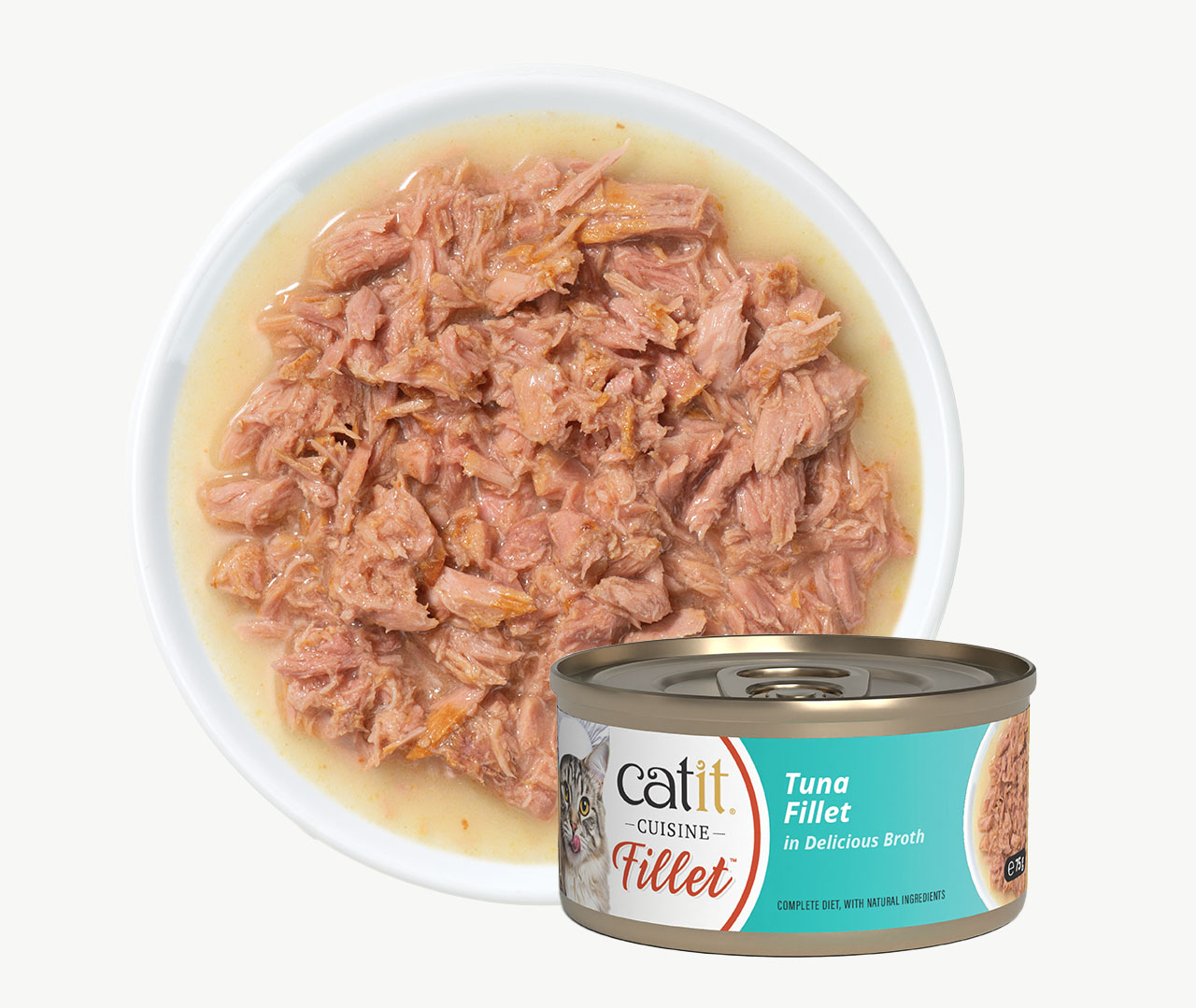 A bowl of shredded tuna in broth next to a can of Catit Cuisine Tuna Fillet cat food