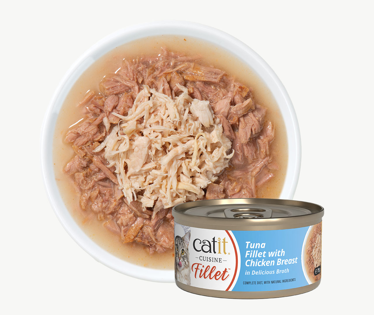 Catit Cuisine Fillet wet cat food, featuring a bowl of tuna and chicken in broth next to a can of the product