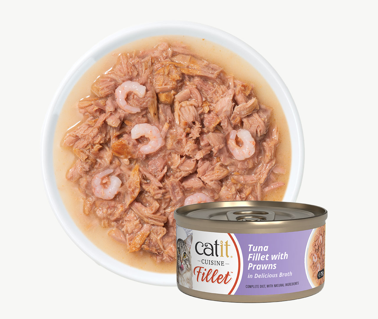 A bowl of Catit Cuisine Fillet tuna and prawns cat food next to its product packaging