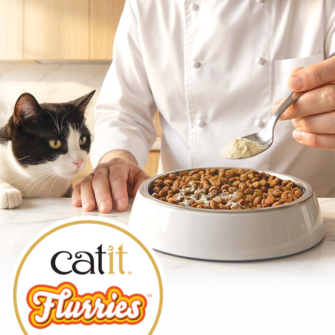 A chef sprinkles Catit Flurries powder onto a bowl of dry cat food while a cat watches