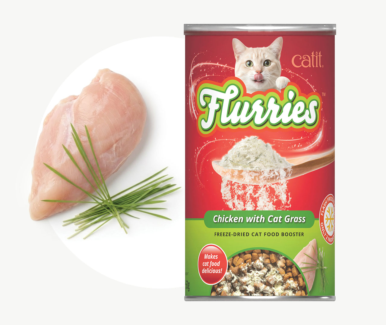 Catit Flurries freeze-dried chicken and cat grass food booster packaging next to a raw chicken breast and grass sprigs