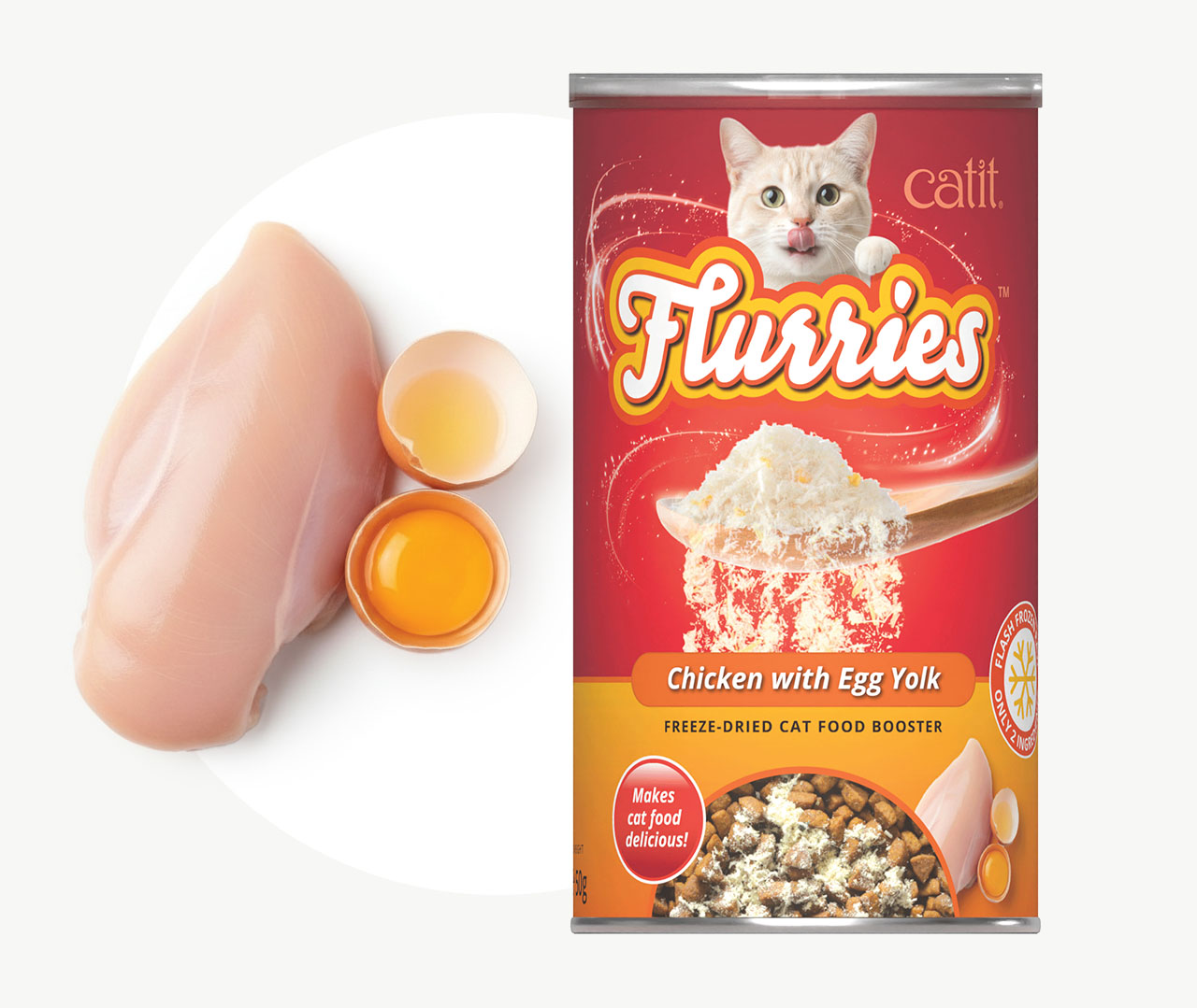 Catit Flurries freeze-dried chicken and egg yolk cat food booster packaging with raw chicken and egg ingredients