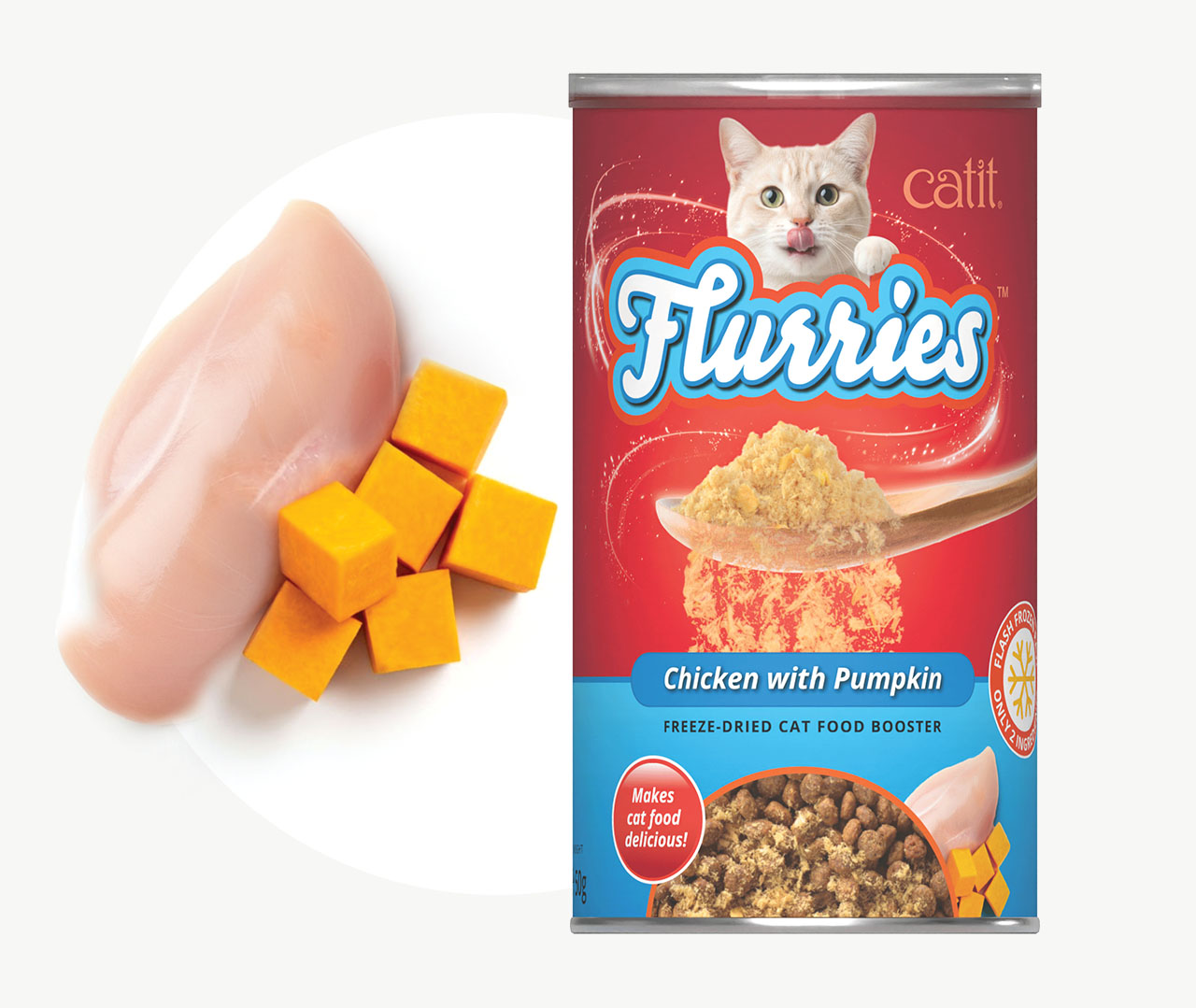 Catit Flurries freeze-dried chicken and pumpkin cat food booster packaging