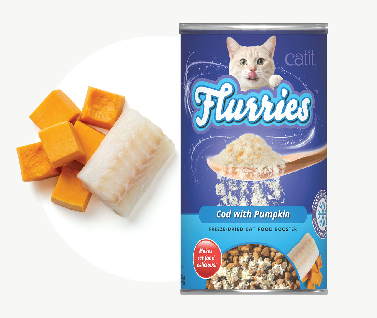 Catit Flurries freeze-dried cat food booster in Cod with Pumpkin flavor, shown with raw cod and pumpkin cubes