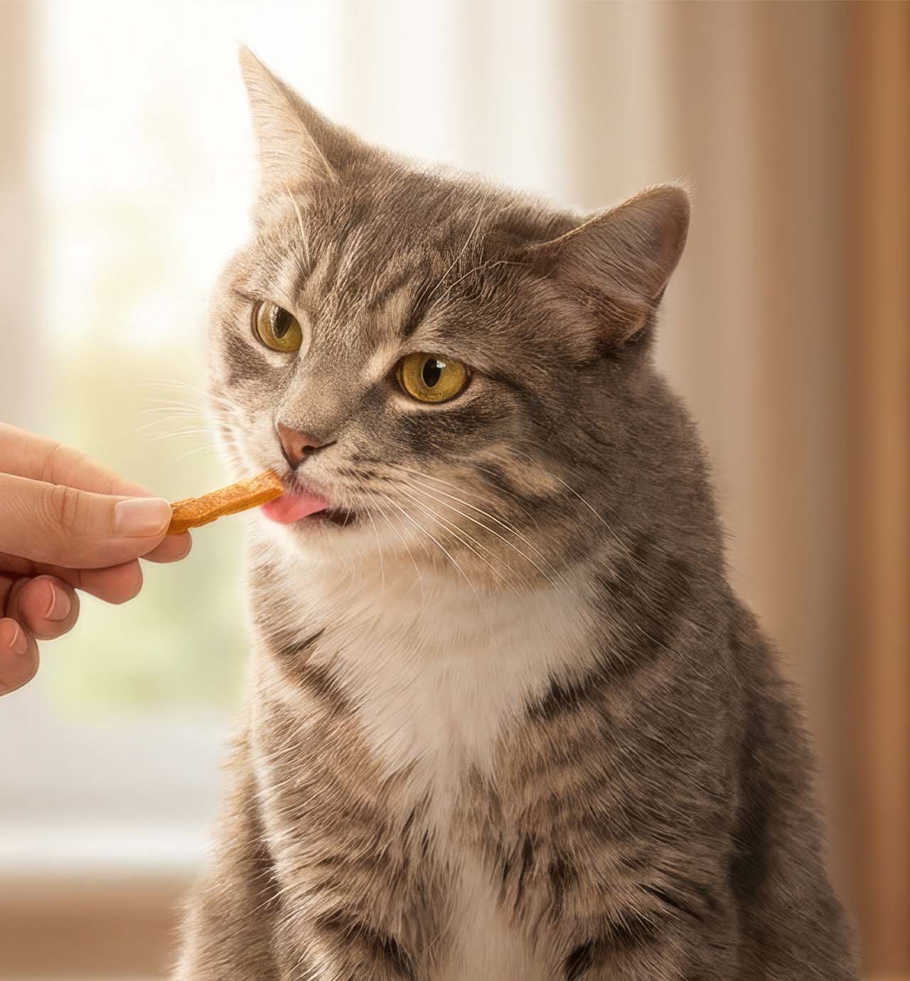 A gray tabby cat with a white chest licks a Catit Nibbly treat held by a person's hand