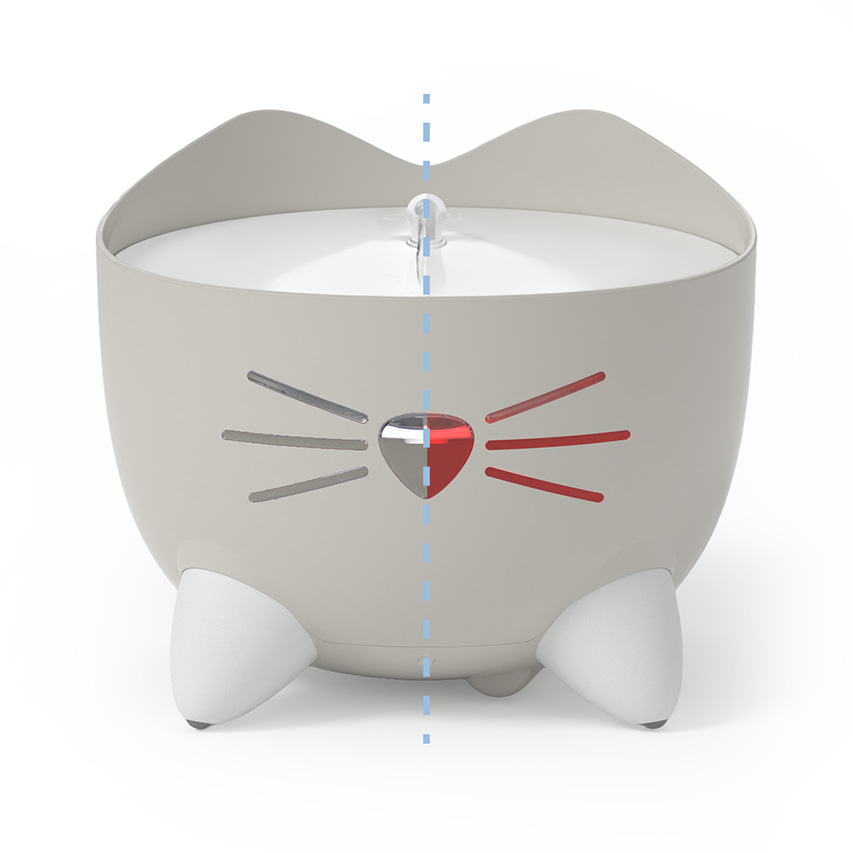 Catit PIXI cat water fountain with a split-color nose design and a vertical dashed line down the center