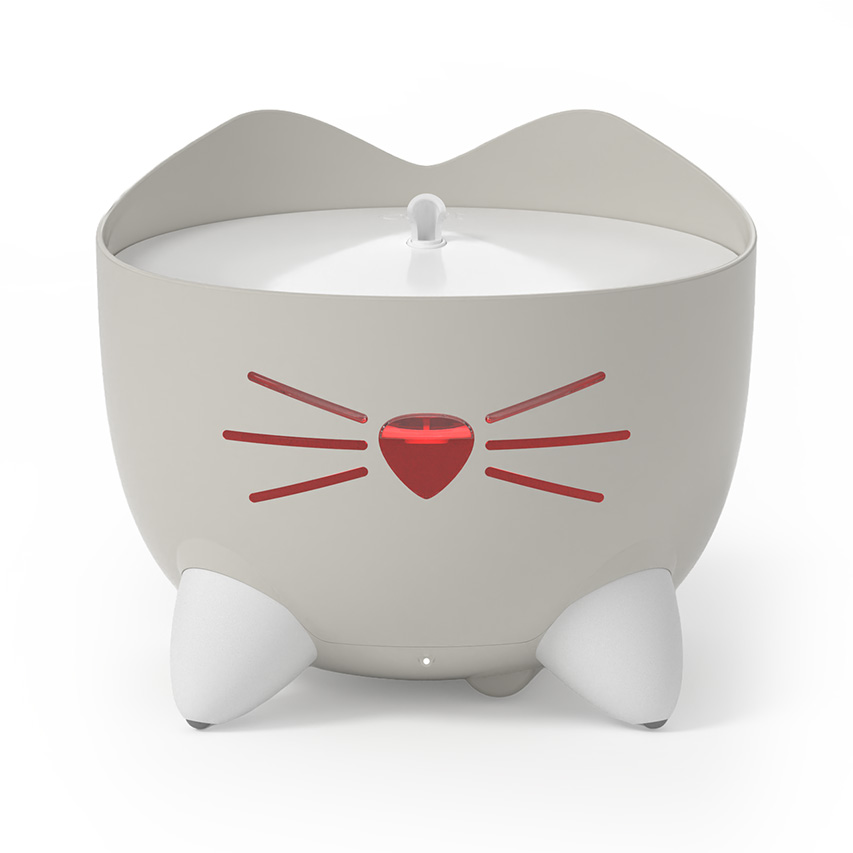 Catit PIXI cordless cat water fountain with a cat-shaped design and a glowing red nose indicator