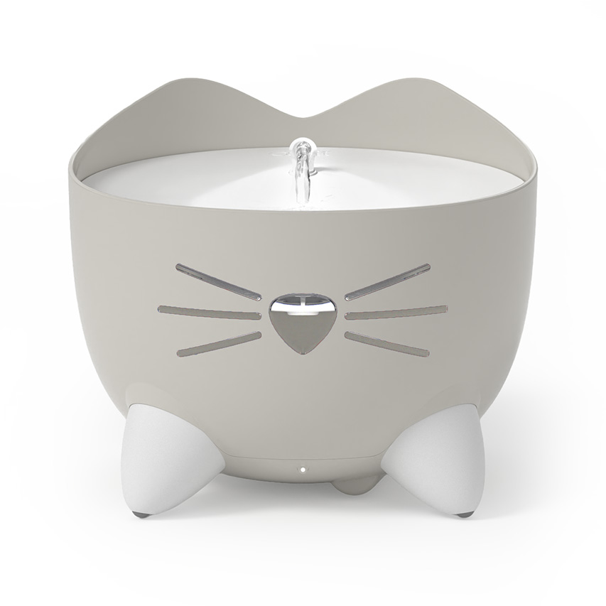 Catit PIXI cordless cat water fountain in light gray with a cat-shaped design and white feet