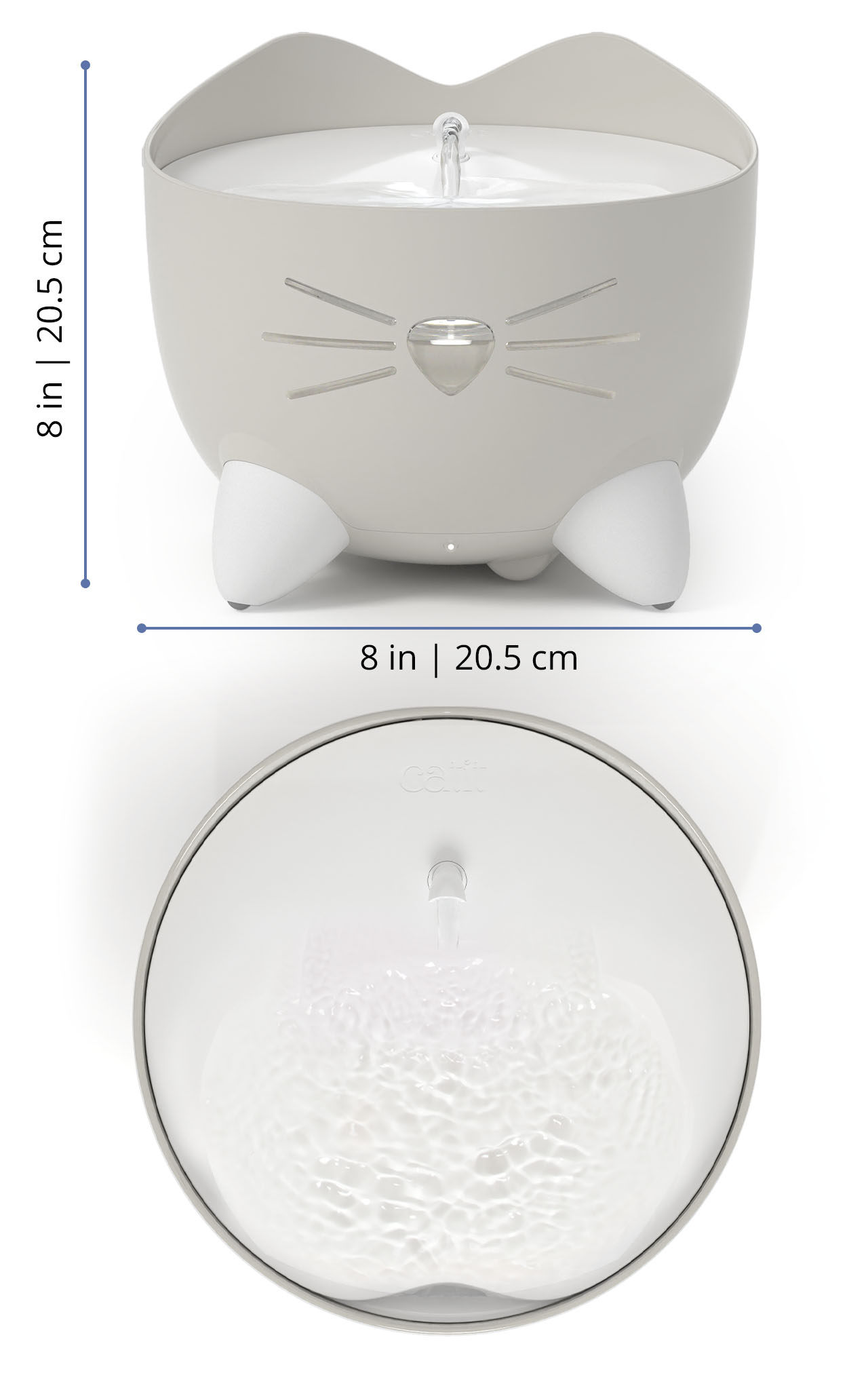Catit PIXI cat water fountain shown from the front and top with dimensions of 8 inches or 20.5 centimeters