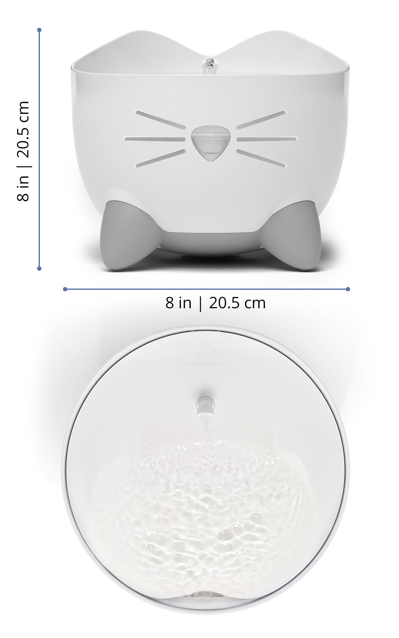 Catit PIXI Easy Clean water fountain shown from the front and top with dimensions of 8 inches or 20.5 centimeters