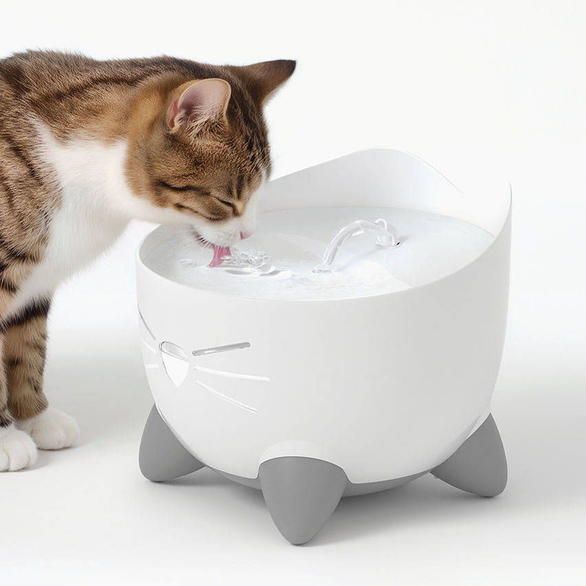 A tabby cat drinking from a white, cat-shaped PIXI water fountain on a white background