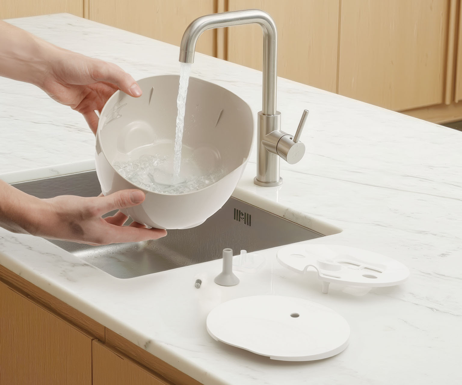 A person cleaning the bowl and parts of a Catit PIXI water fountain in a kitchen sink