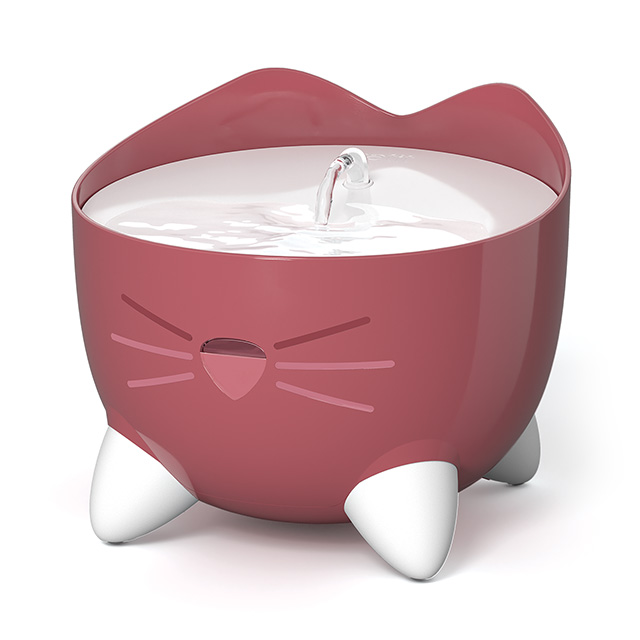 Burgundy Catit PIXI cat water fountain with a white top and white feet