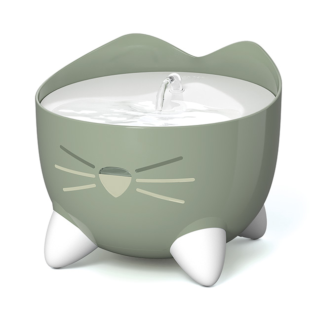 Olive green Catit PIXI cat water fountain with white feet and a cat-shaped design