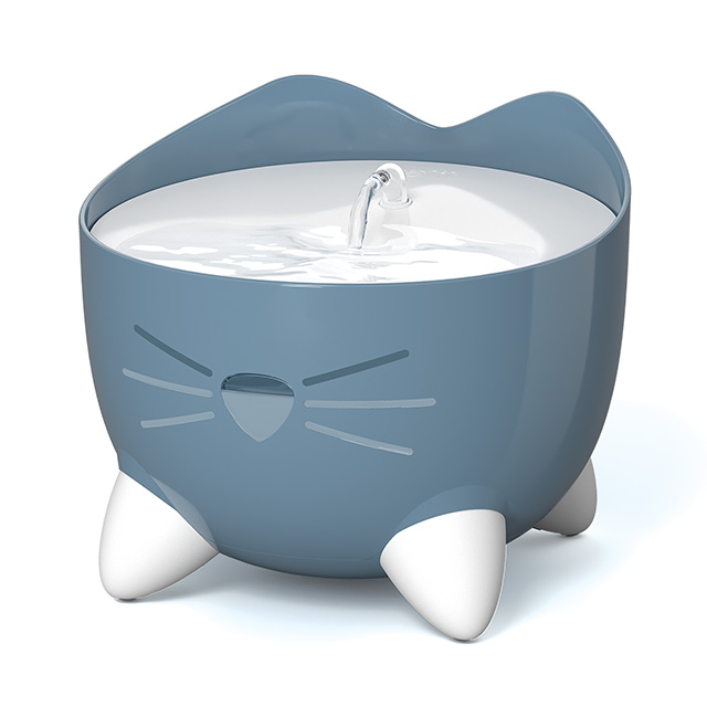 Catit PIXI cat water fountain in petrol blue with a white top and cat-shaped design