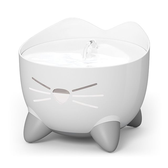 White Catit PIXI cat water fountain with a cat-shaped design and grey feet