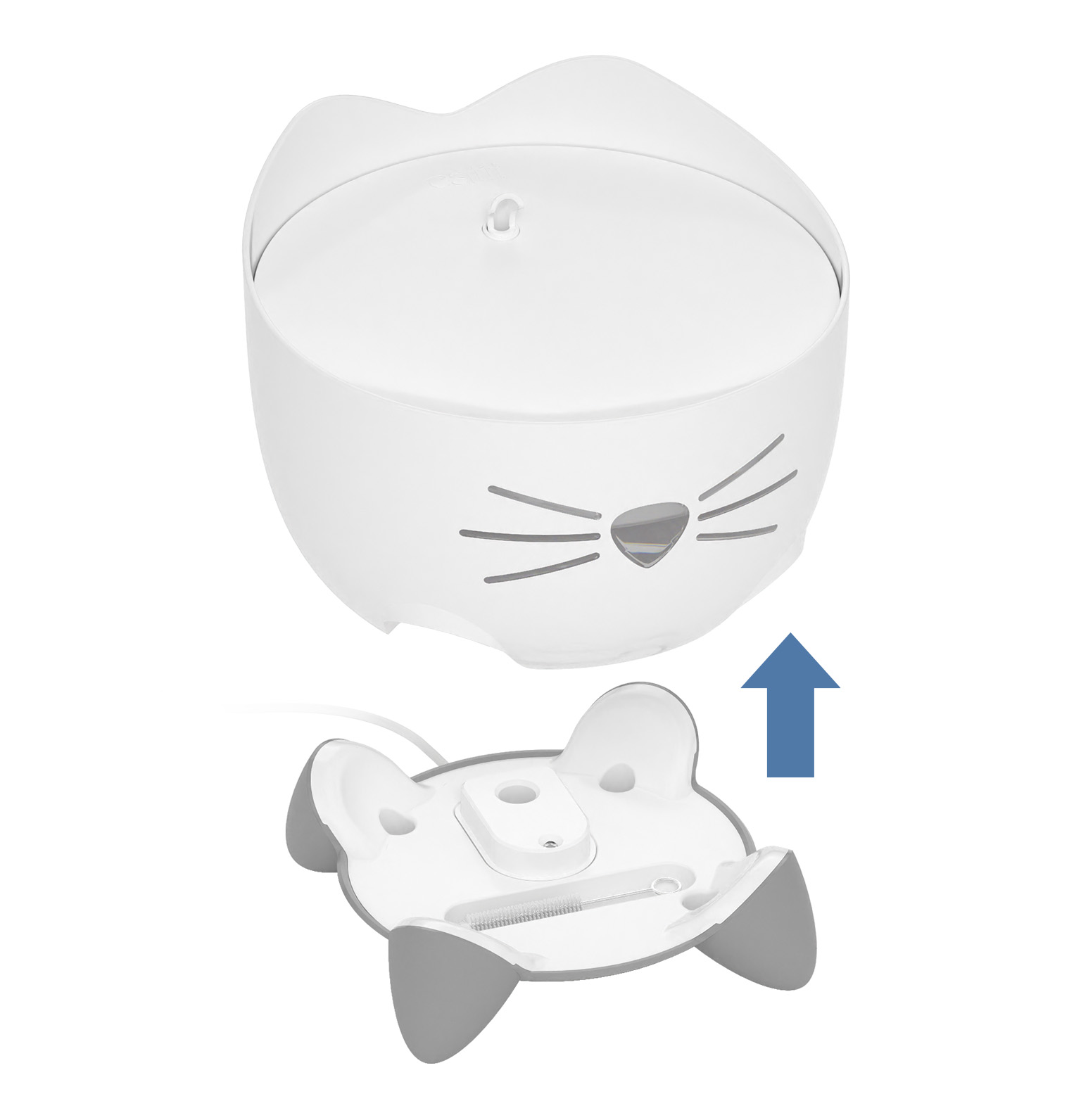 Catit PIXI cat water fountain being lifted off its base, showing the cleaning brush stored in the base unit