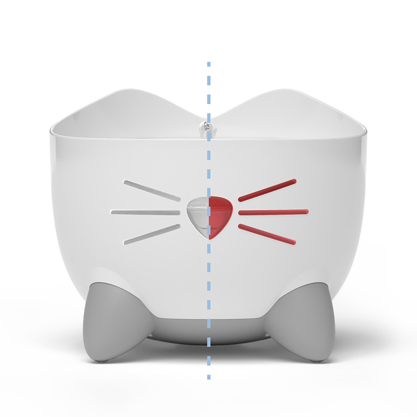 Catit PIXI litter box with a split design showing a white side and a red side separated by a vertical dashed line