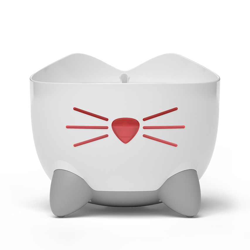 White cat-shaped bowl with a red nose and whiskers and grey feet