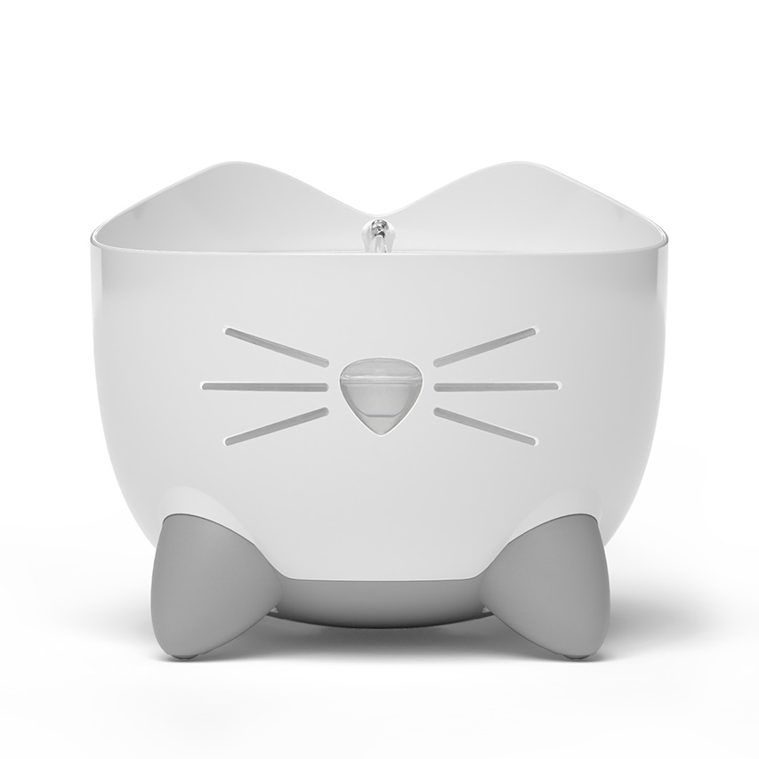 White Catit PIXI cat water fountain with a cat-shaped design and grey feet on a white background