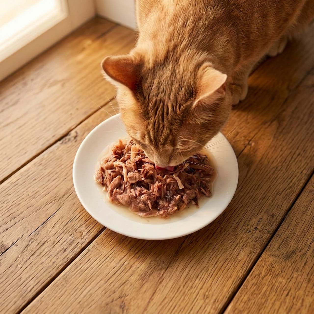 An orange tabby cat eating wet food from a white plate on a wooden floor