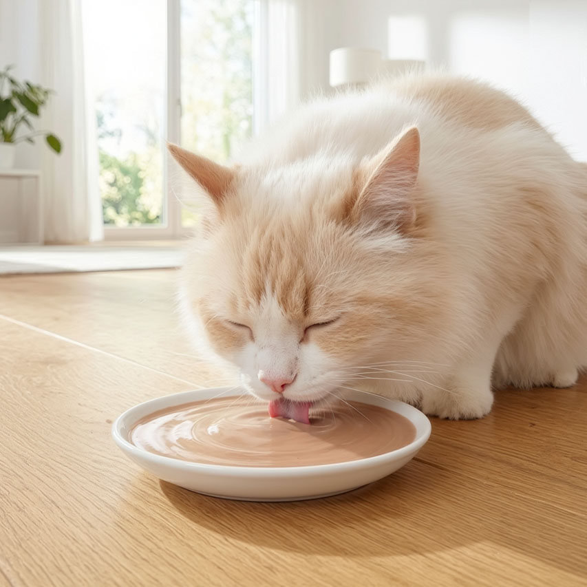 A fluffy cream and white cat happily licking creamy treat from a shallow white dish on a wooden floor