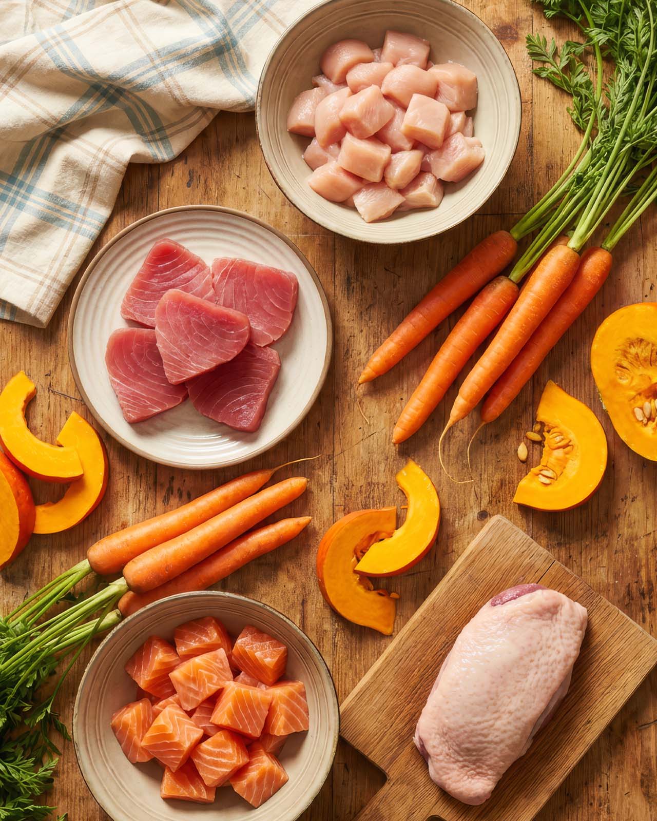 Raw ingredients for cat food including cubed chicken, tuna steaks, salmon chunks, duck breast, carrots, and pumpkin slices