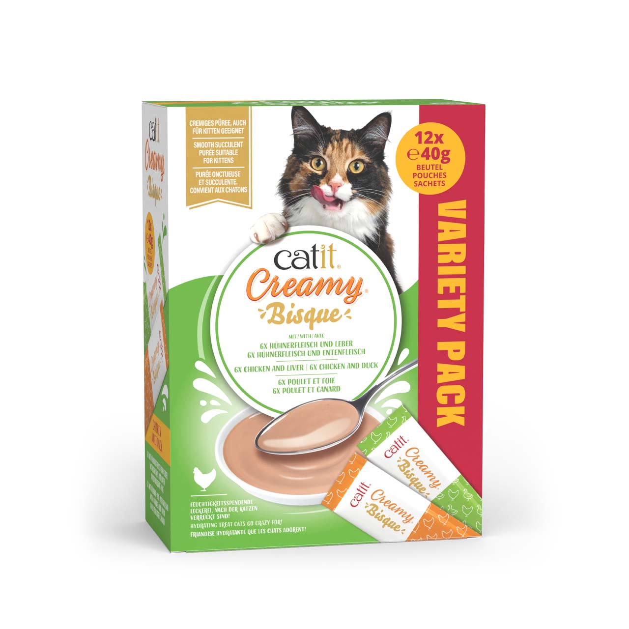 Catit Creamy Bisque variety pack cat treat packaging containing 12 pouches of chicken and liver or chicken and duck flavors