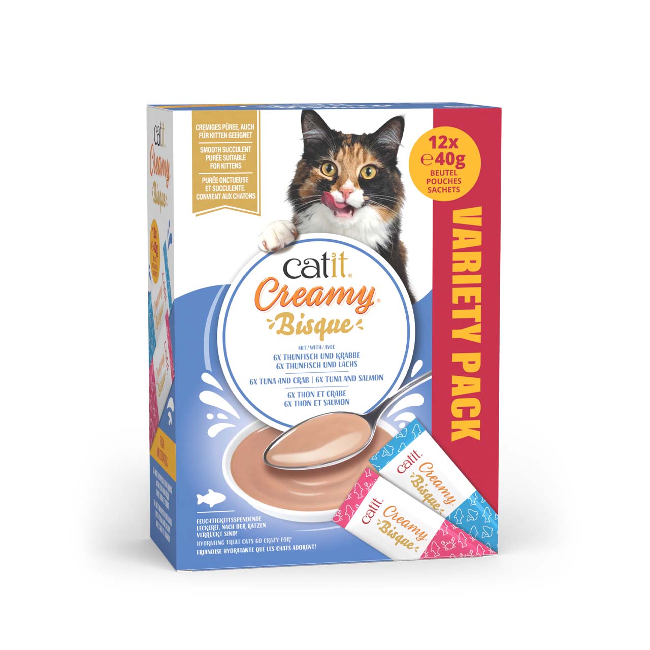 Catit Creamy Bisque variety pack containing 12 pouches of tuna and crab and tuna and salmon cat treats