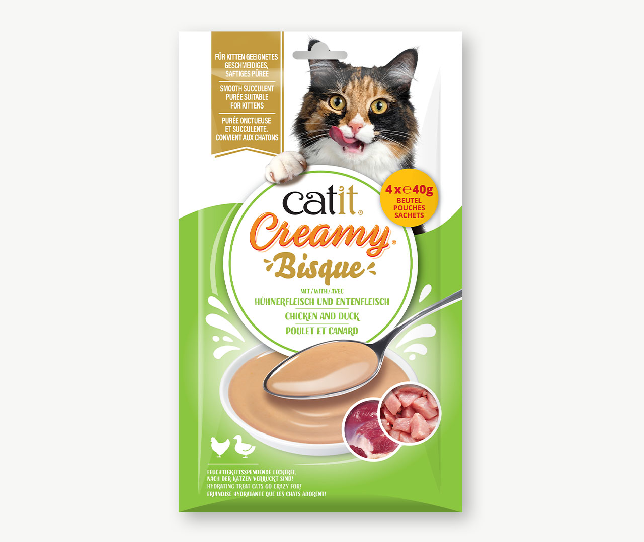 Catit Creamy Bisque chicken and duck flavored cat treat packaging for kittens