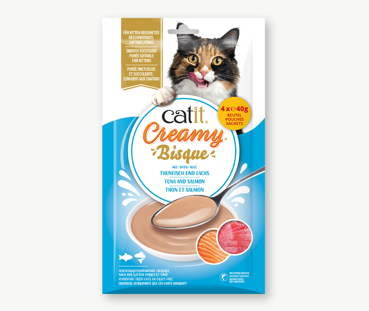 Catit Creamy Bisque tuna and salmon cat treat packaging for kittens