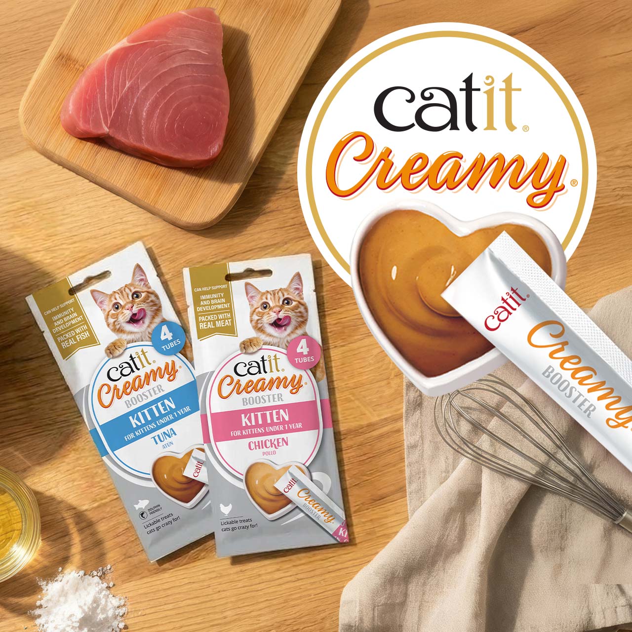Catit Creamy Booster lickable treats for kittens in tuna and chicken flavors