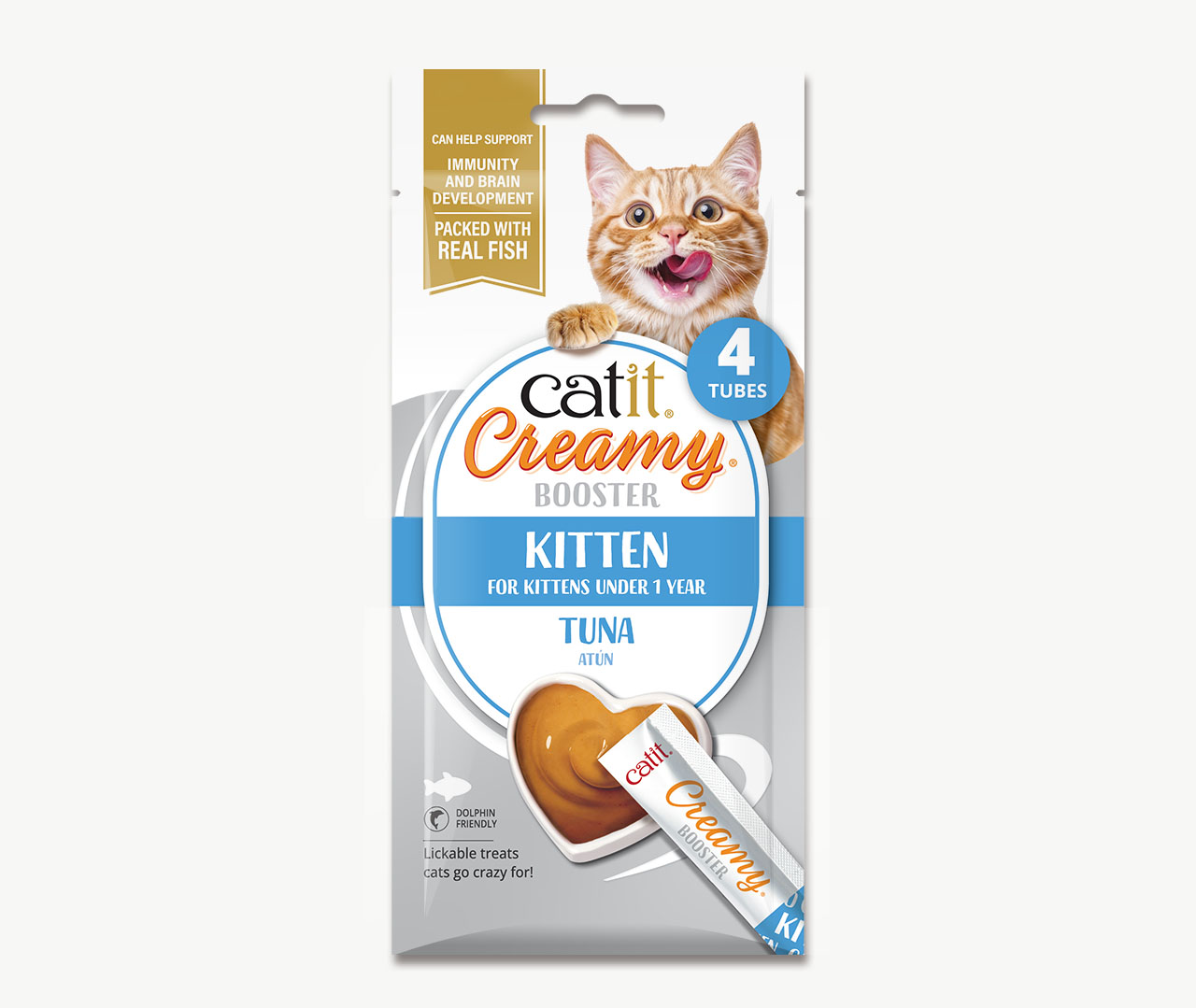 Catit Creamy Booster kitten treat packaging in tuna flavor with 4 tubes