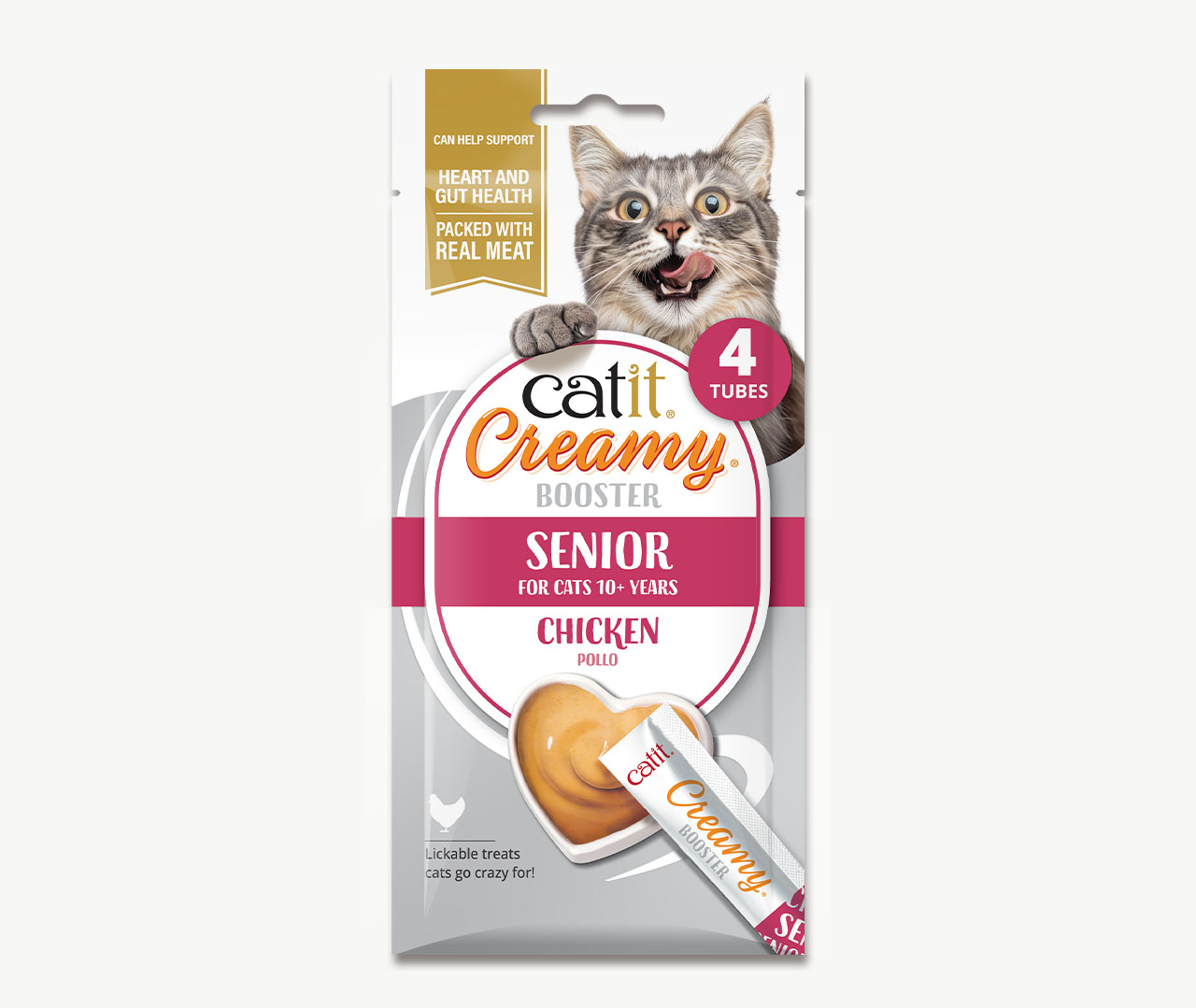 Catit Creamy Booster Senior chicken flavor lickable cat treats in a 4-tube pack