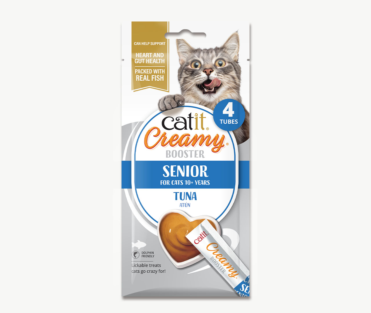 Catit Creamy Booster Senior Tuna lickable cat treats in a 4-tube pack for cats 10+ years old
