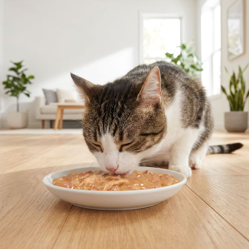A tabby and white cat eating wet food from a white bowl on a wooden floor in a bright, modern living room