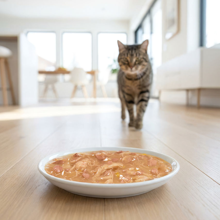 A tabby cat walks across a wooden floor toward a white bowl filled with creamy broth