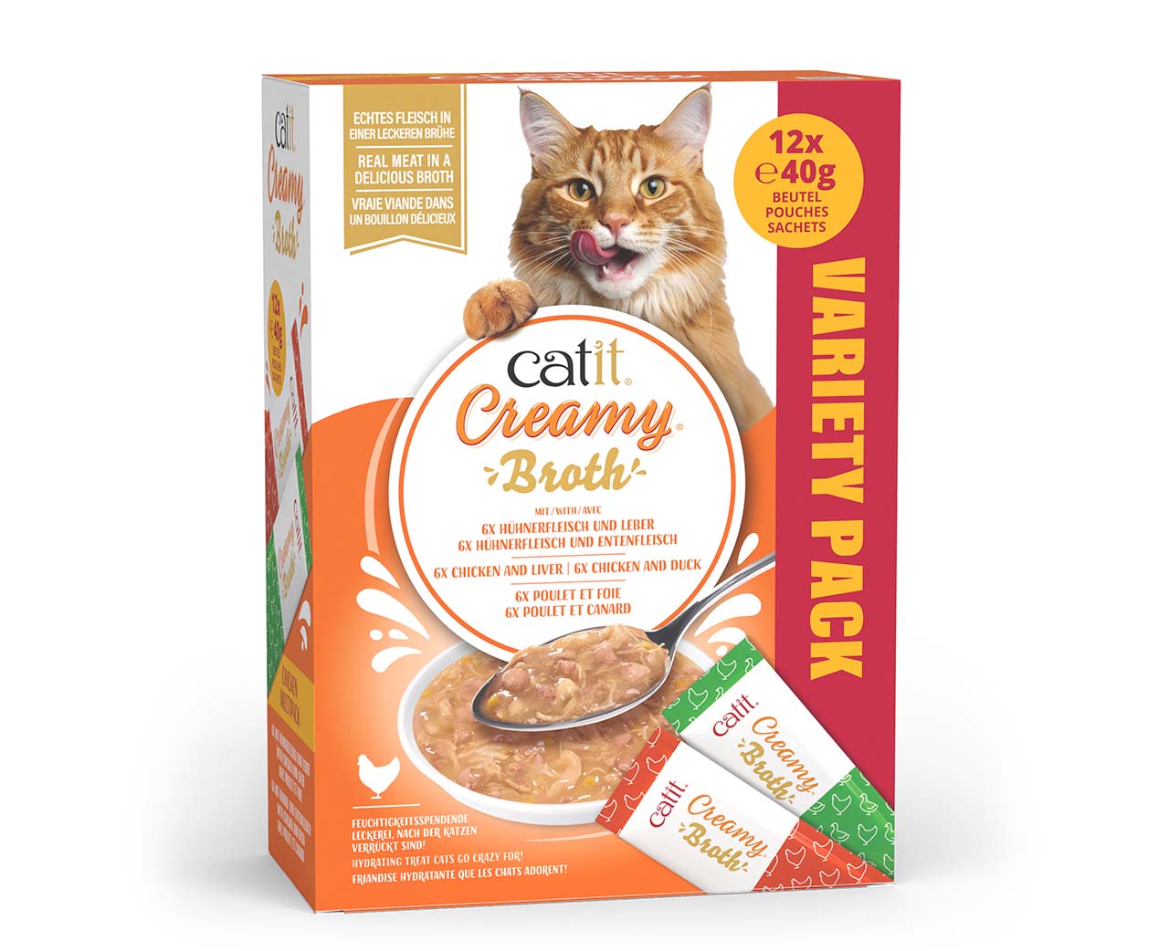 Catit Creamy Broth variety pack featuring 12 pouches of chicken and liver and chicken and duck flavors