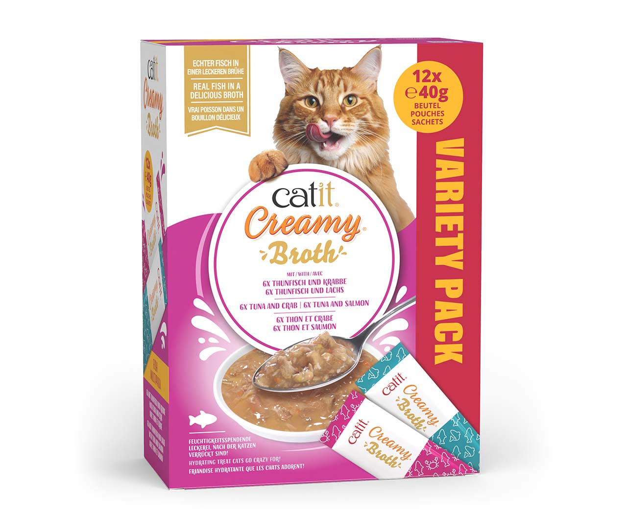 Catit Creamy Broth variety pack featuring 12 pouches of tuna with crab and tuna with salmon flavors